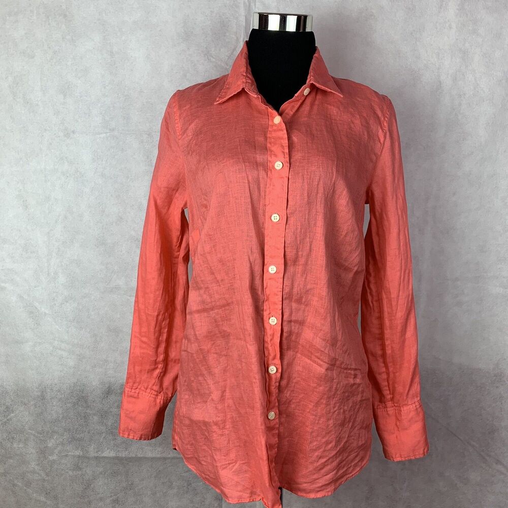 J Crew Blouse Woman's Linen Collared Shirt Small Salmon Pink Classic buttons